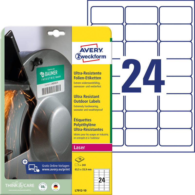 Avery Drucketiketten, 64 mm × 34 mm, weiss, Folie, extra stark, 240 Etiketten (10 Blatt)