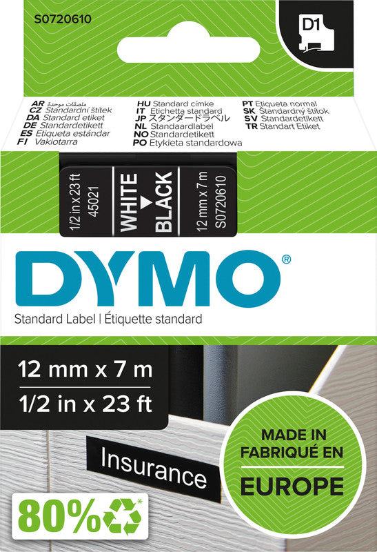 DYMO Schriftband – 12 mm × 7 m, schwarz, weiss – für LabelPoint 200, 250, 300, usw.