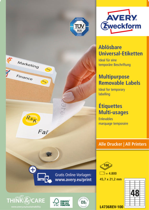 Avery Drucketiketten, 46 mm × 21 mm, weiss, Papier, wiederablösbar, Packung 100 Blatt (4'800 Etiketten)