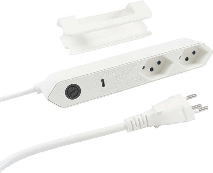 Steffen Steckdosenleiste IQ – 1,50 m, Kunststoff, Weiss, 2 x T13-Steckdosen, USB-C PD 18 W, Kinderschutz