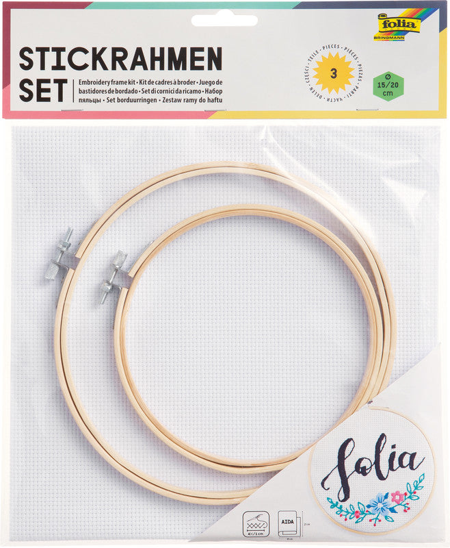Folia Stickrahmen-Set mit Stoff 2er-Set, Bambus – Ø 15 cm & 20 cm – Aida-Stoff 25 × 49 cm – FSC-zertifiziert