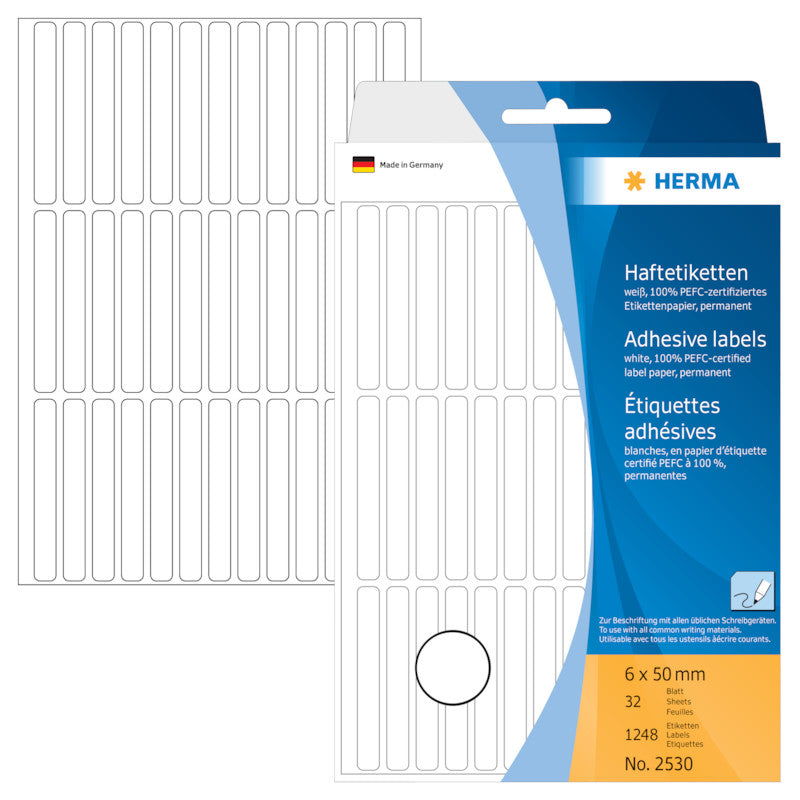 HERMA Haftetiketten – rechteckig 6 × 50 mm, stark haftend, weiss, abgerundete Ecken, 32 Blatt (1'248 Stk.)