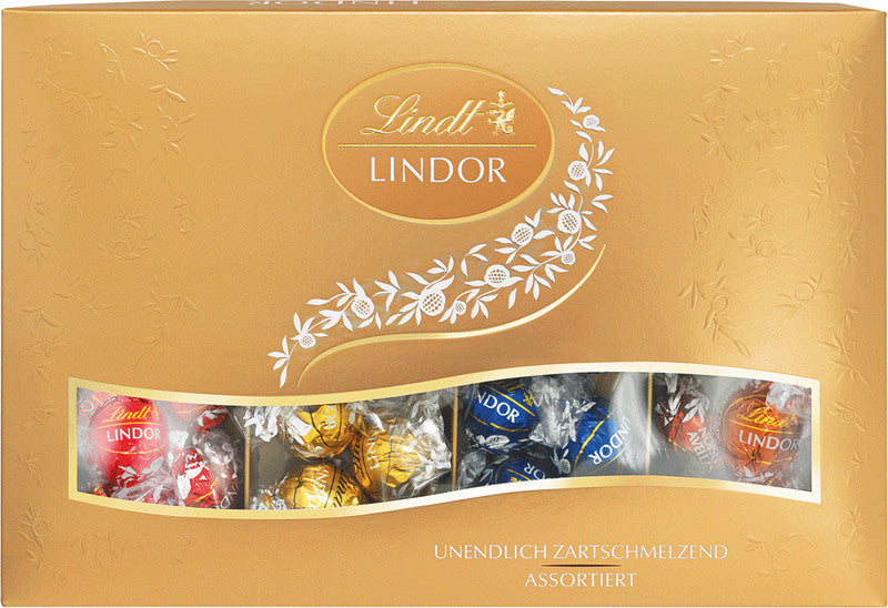 Lindt LINDOR Pralinés – 4 Sorten: Milch, Weiss, Dunkel (60% Kakao), Haselnuss, Geschenkbox, 300 g