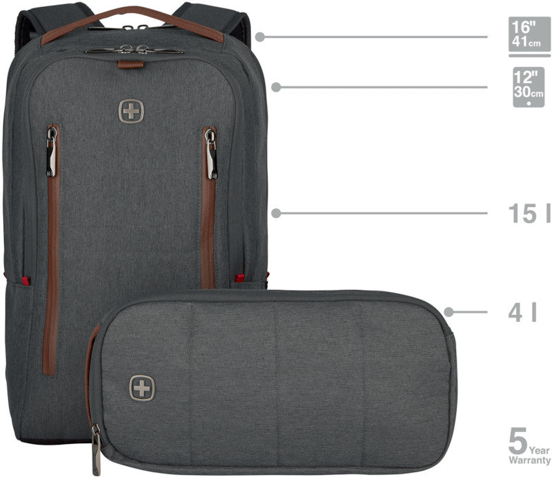 Wenger/SwissGear Wenger CityUpgrade – Notebook-Rucksack – für 16" Notebook, 15 l, Polyester, Grau, wasserabweisend