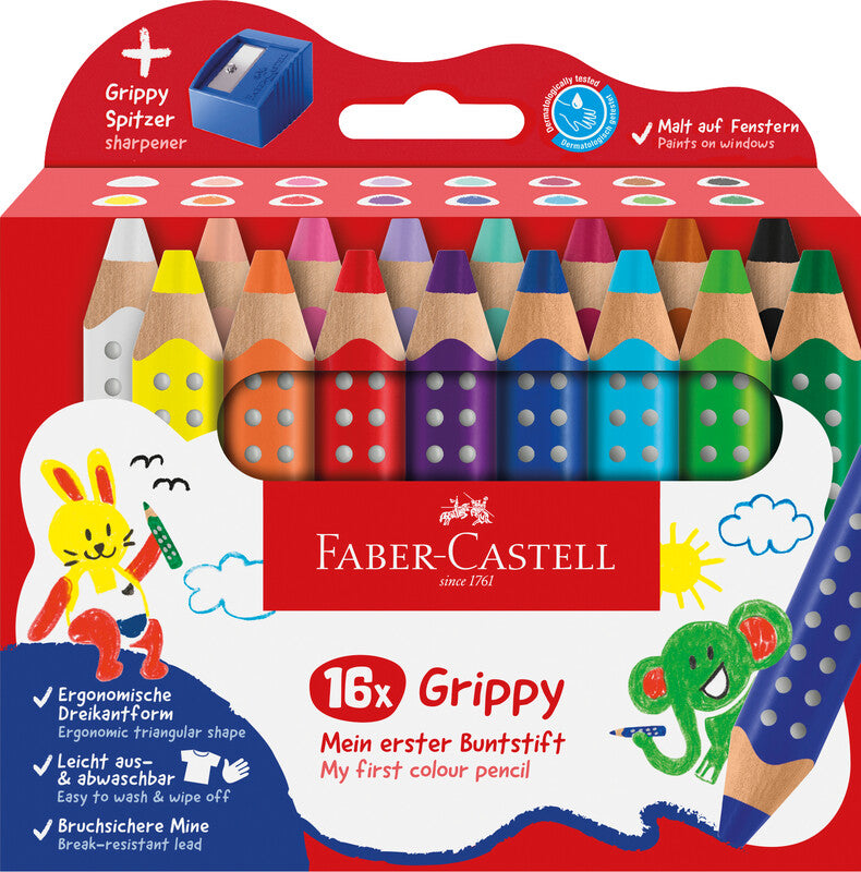 Faber-Castell 3-in-1 Farbstifte Grippy – 16 Farben, im Kartonetui, mit Spitzer, Ø 3 mm, dreikantig
