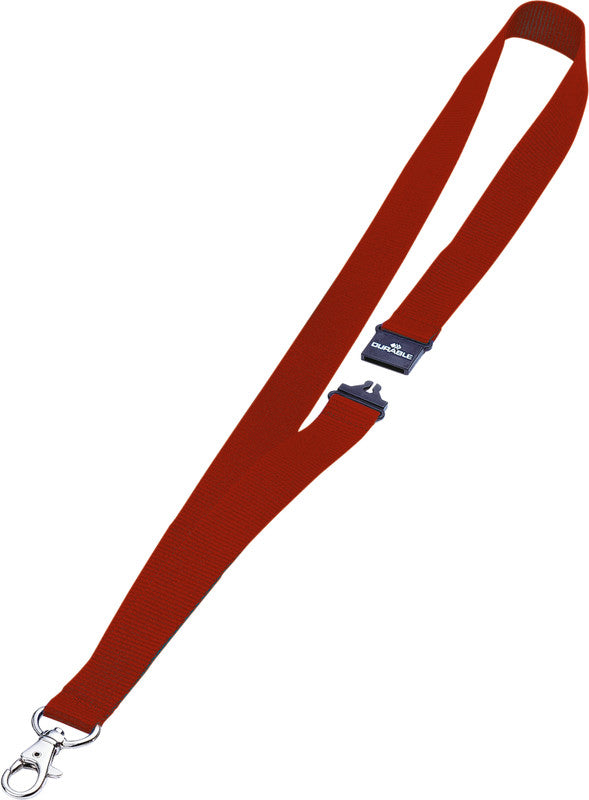 Durable Schlüsselanhänger Textilband – Rot, Kunststoff, B 20 × L 440 mm, Sicherheitsverschluss, 10 Stk.