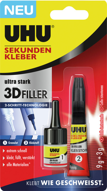 UHU Sekundenkleber – permanent, 3D-Füllgranulat, lösemittelfrei, 9 g, für Kunststoffe, Porzellan, Keramik