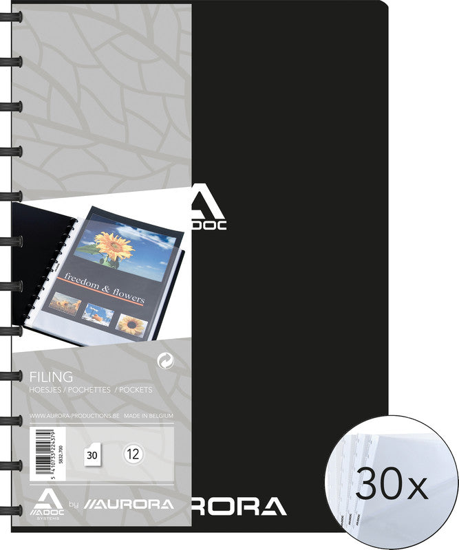 Adoc Sichtbuch Bind-Ex Aurora – 30 Sichttaschen, A4, austauschbar, genarbt, antireflex, schwarz, Kunststoff