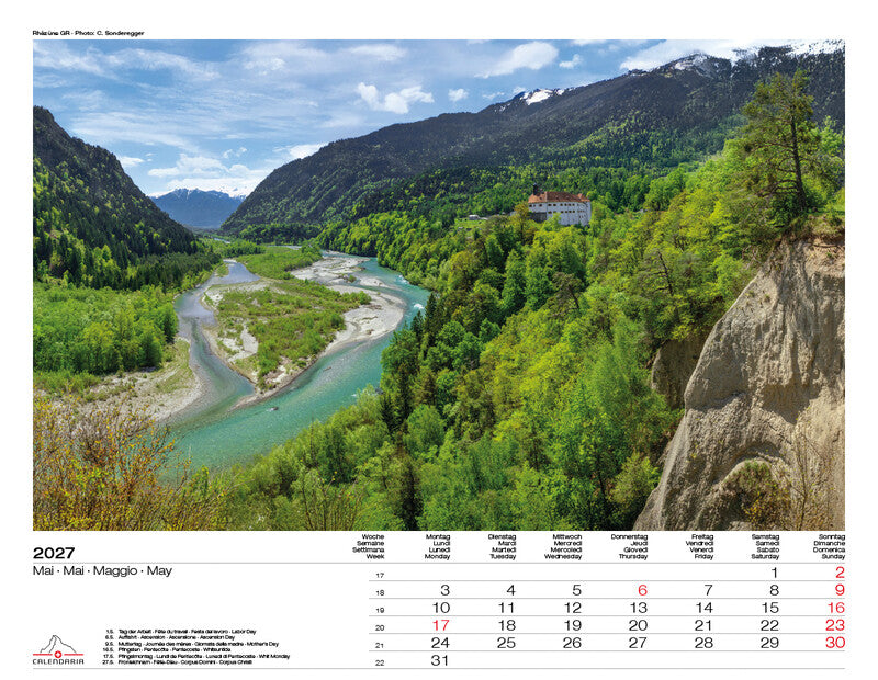Calendaria Swiss Panorama – Bildkalender Schweiz 2027 – 40 × 31 cm – Kalendarium d/f/i/e