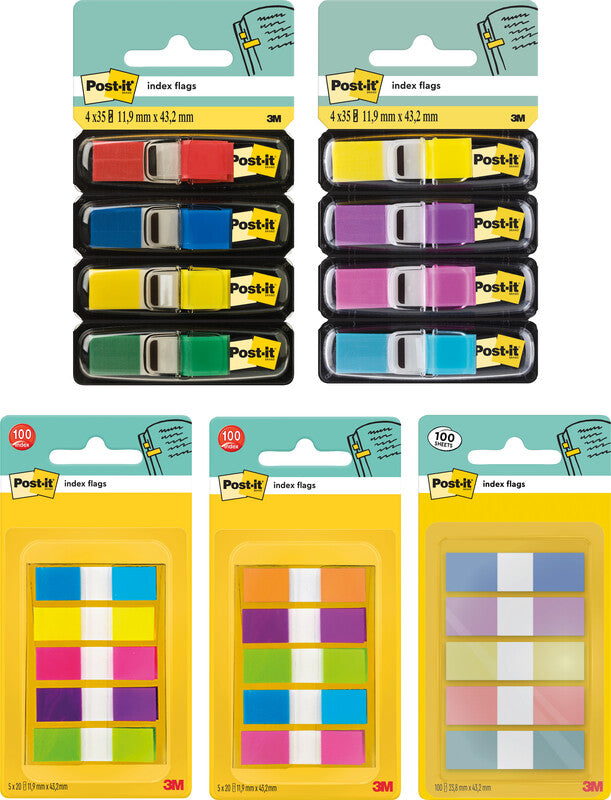 Post-it Schmale Indexstreifen – 11,9×43,2 mm – sortiert, 5×20 Stück, mit Dispenser, Kunststoff