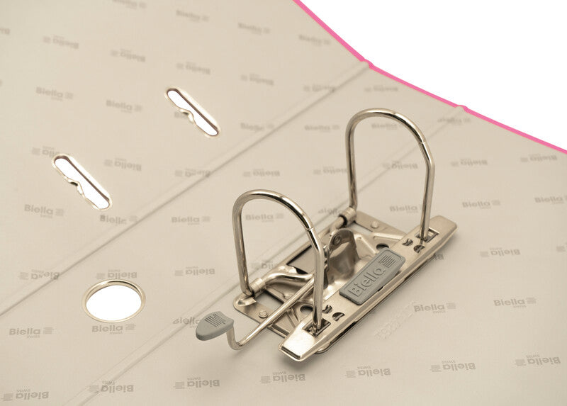 Biella Ordner – A4 hoch – 2-Ring Hebelmechanik, Rücken 40 mm – rosa, mit Griffloch, mit Raumsparösen, FSC