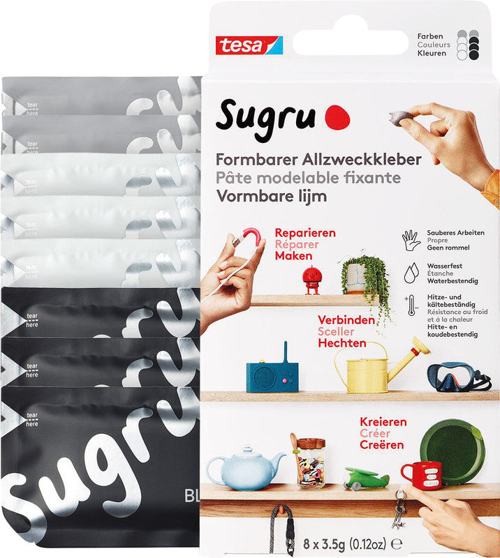Tesa Sugru Vielzweckkleber (formbar) – wasserfest, für Metall, Holz, Glas, 8×3,5 g, −40 bis +180 °C, sortiert