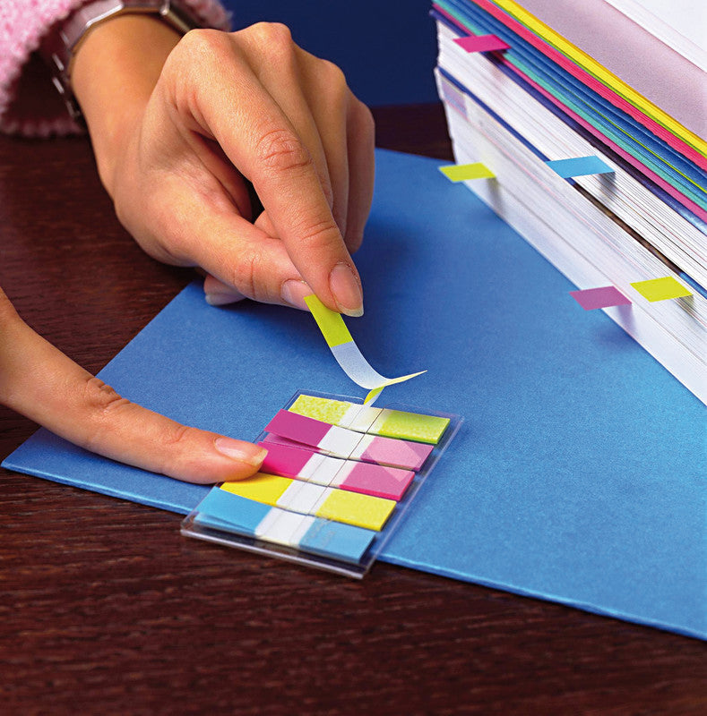 Post-it Schmale Indexstreifen – 11,9×43,2 mm – sortiert, 5×20 Stück, mit Dispenser, Kunststoff