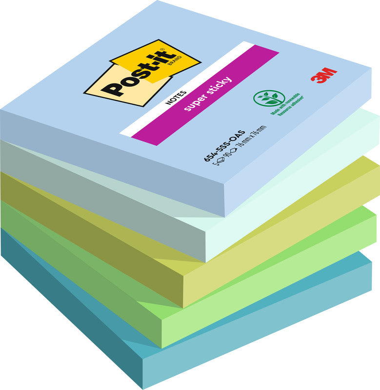 Post-it Super Sticky Haftnotizen – 76×76 mm – sortiert, 5×90 Blatt, PEFC