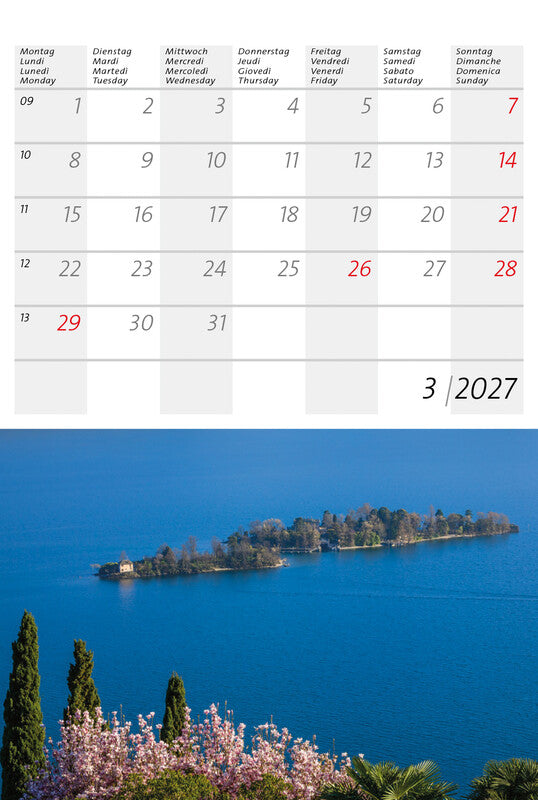 Calendaria Kleiner Schweizer – Bildkalender Schweiz 2027 – 14,8 × 22 cm – Kalendarium d/f/i/e – 12 Postkarten