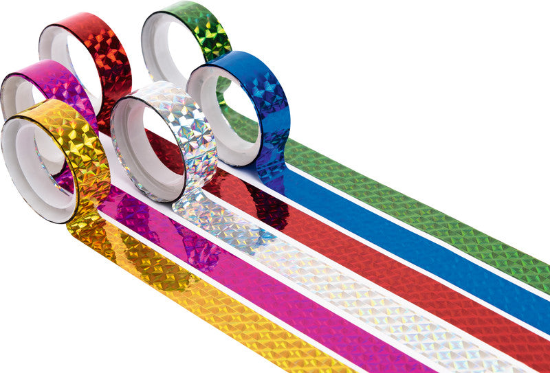 Folia Washi Tape (Deko) – mit Abroller – permanent, holografisch, 12 mm × 2 m, farbig sortiert, 6 Rollen