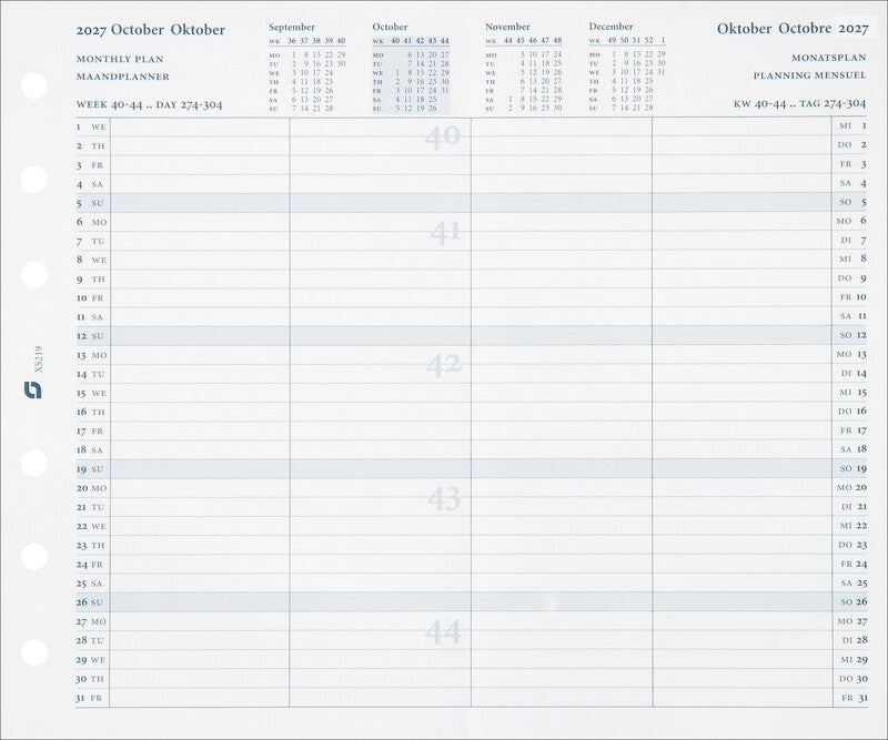 Succes Kalender-Einlage – 1 Monat/1 Seite, 6-fach, 9,5 × 15,0 cm, 2027