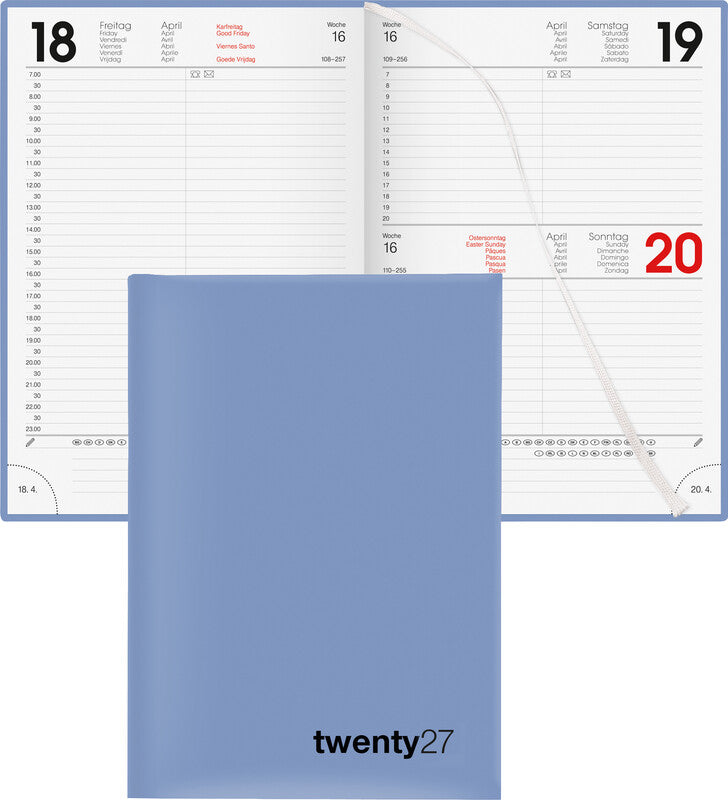 Biella Agenda – 1 Tag pro Seite, gebunden, 14,5 × 20,5 cm, 2027, 1/2-Stunden-Takt, Blau, FSC