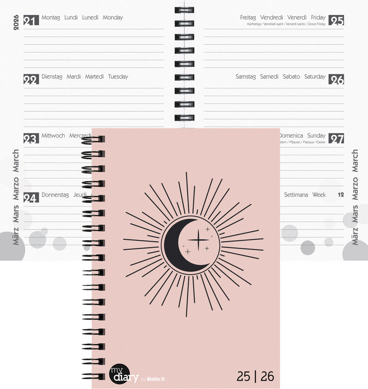 Biella mydiary Schüleragenda – 1 Woche/2 Seiten, Wire-O, 12 × 16,5 cm, Aug–Jul, mehrsprachig, Trend, FSC