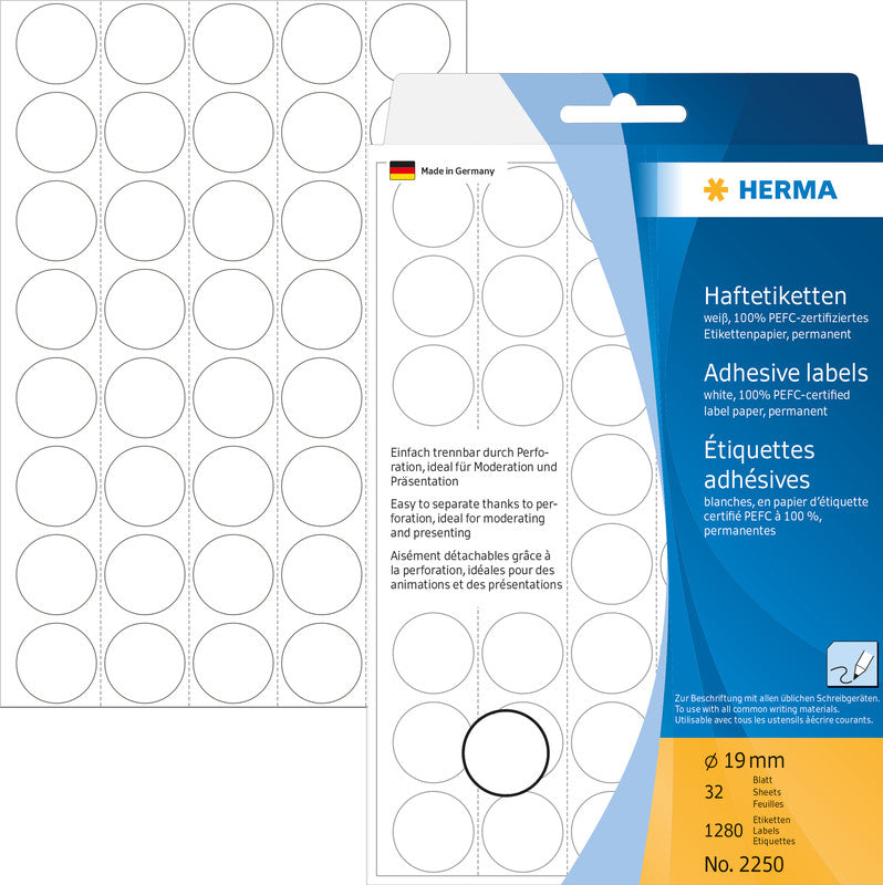 HERMA Haftetiketten – Ø 19 mm, stark haftend, weiss, 32 Blatt (1'280 Stk.)