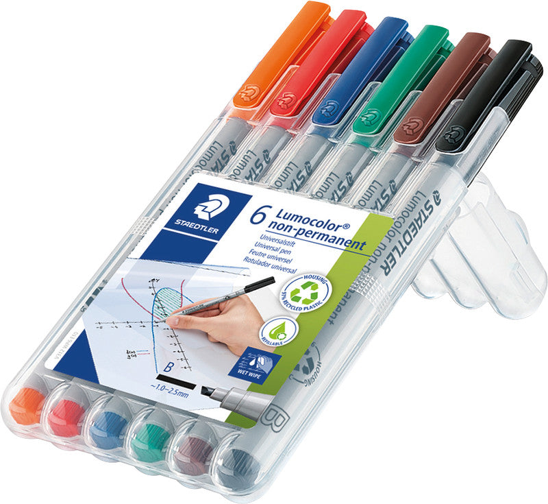 Staedtler Non-Permanent-Marker Lumocolor – breite Keilspitze 1-2,5 mm – sortiert – 6er-Set – nachfüllbar