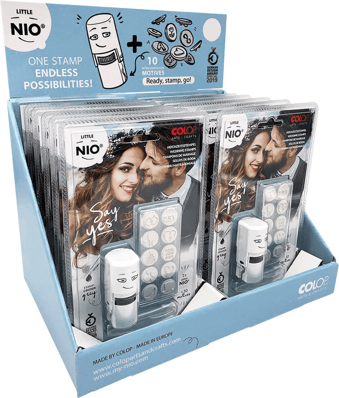 Colop Little NIO Rundstempel – Hochzeit, selbstfärbend, Ø 17 mm, Kissen grau, Englisch