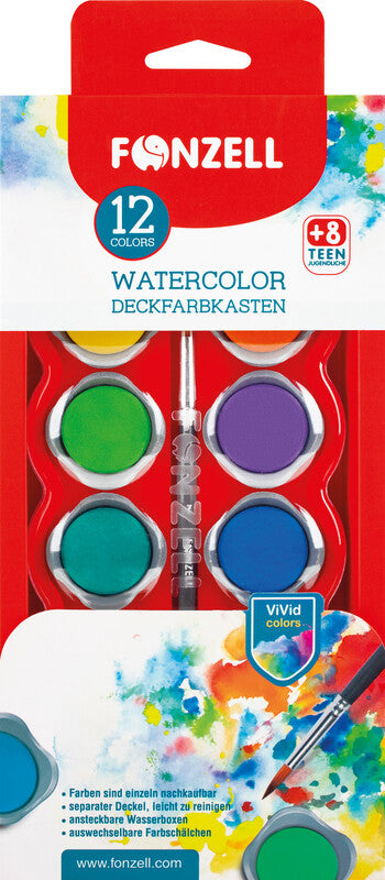 Fonzell Deckfarbkasten – 12 Farben, sortiert, mit Pinsel