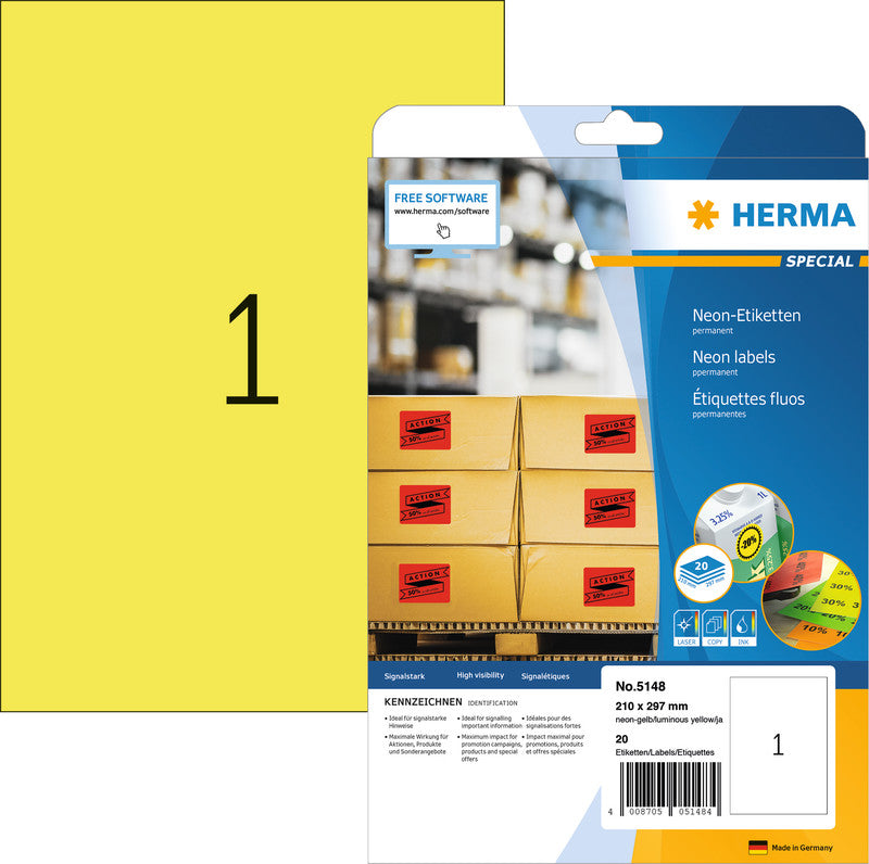 HERMA Schuletiketten – Motiv Neongelb – 210 × 297 mm, 20 Stk, 20 Bogen, Papier, permanent haftend