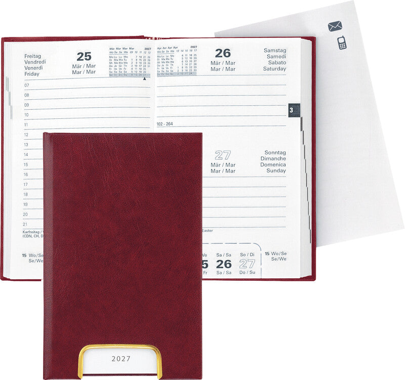 Biella Disponent Agenda – 1 Tag pro Seite, gebunden, 10,1 × 16,0 cm, 2027, 1-h-Takt, weinrot, FSC