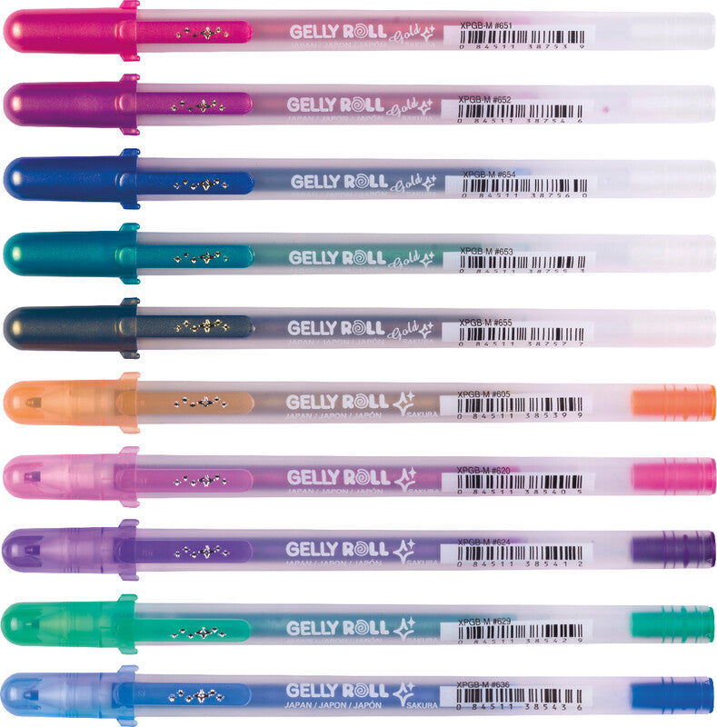 Sakura Gelly Shadow Gelschreiber 10er Set – 10 Farben, 0,7 mm, für dunkles Papier, Kappe