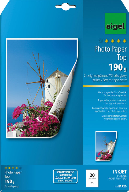 Sigel Fotopapier – hochglänzend, A4, 190 g/m², 20 Blätter, beidseitig