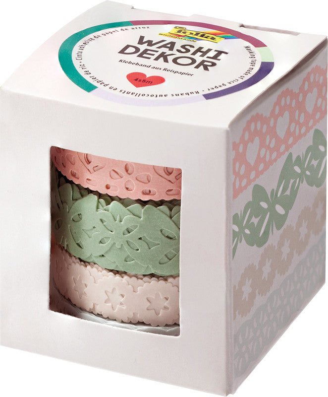 Folia Washi Tape Spitzenbordüre – wiederablösbar, 2×10 mm × 5 m + 2×15 mm × 5 m, Pastell, 4 Rollen