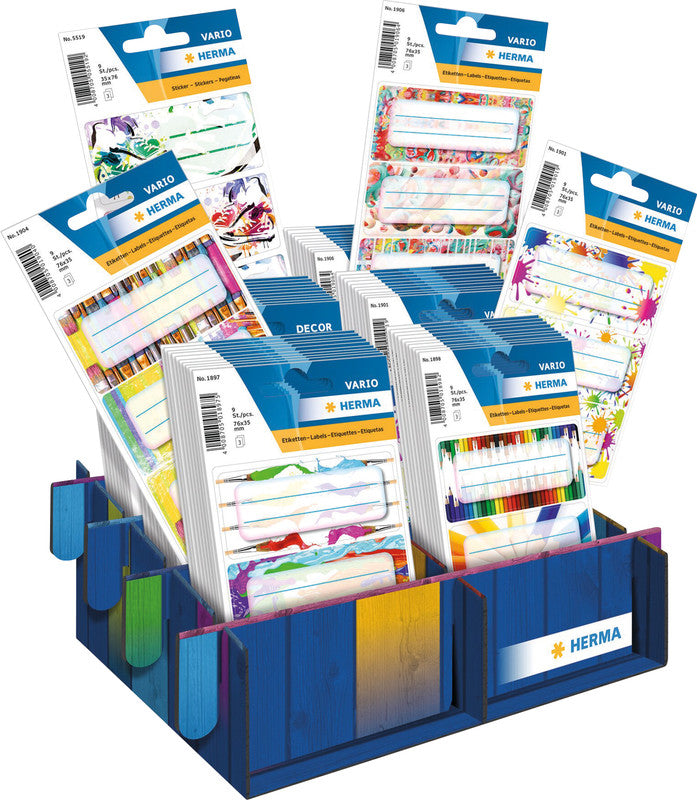 HERMA Vario Schuletiketten – Sortierte Motivdesigns – 35×76 mm, Abgerundete Ecken, 9 Stück, 3 Bögen