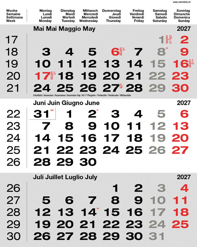 Calendaria 3-Monats-Kalender, 3 Monate pro Seite, 2027, 31 × 40 cm, d/f/i/gb, Spiralbindung, mit Datumsschieber