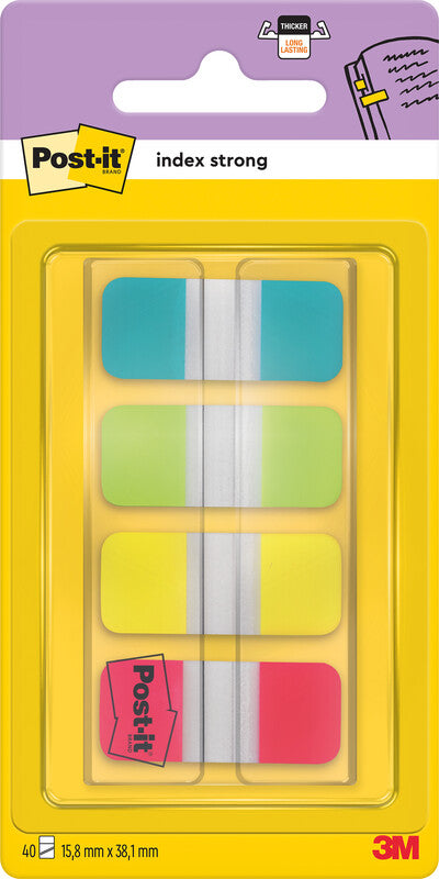 Post-it Indexstreifen Strong schmal – 16×38 mm – sortiert, 4×10 Stück, mit Dispenser