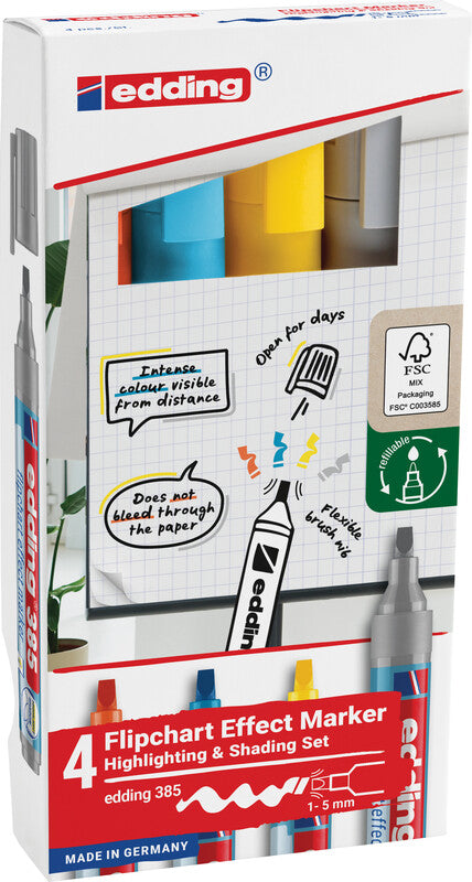 Edding Flipchart-Marker Effektmarker 385 – Kalligrafiespitze 1-5 mm – sortiert – 4er-Set – nachfüllbar
