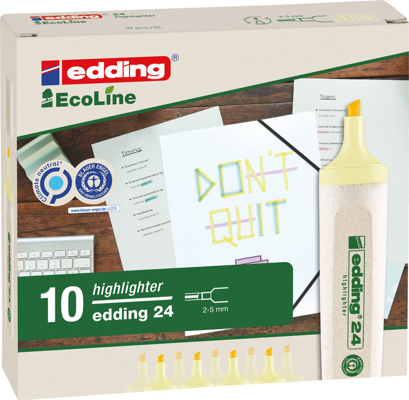 Edding EcoLine Textmarker Pastellgelb – Keilspitze, 2–5 mm, nachfüllbar, Blauer Engel