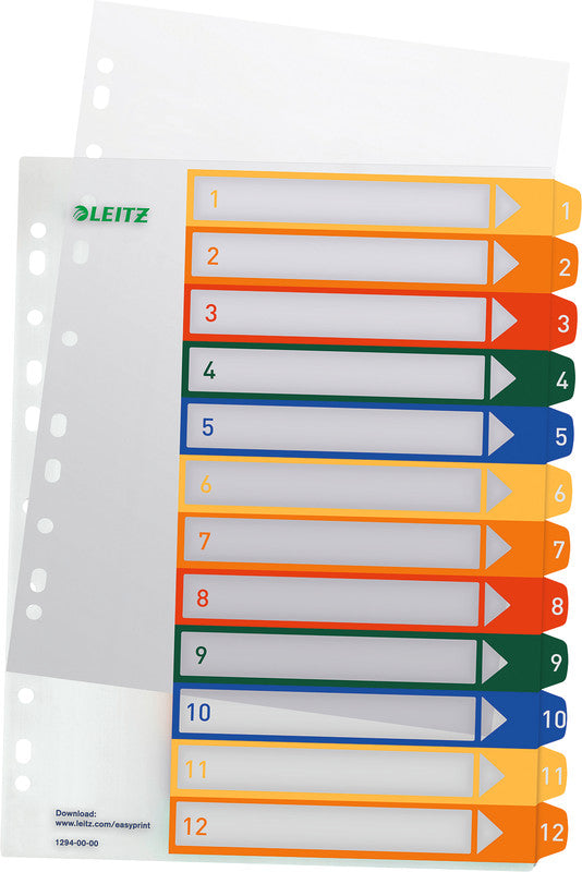 Leitz Register – A4, 12-teilig, PP, farbig, vorgedruckt, 11-fach gelocht, für A4 hoch überbreit