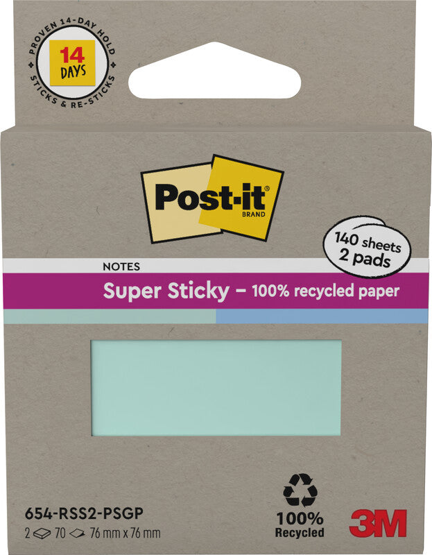 Post-it Super Sticky Haftnotizen – 76×76 mm – Mint, Blau, 2×70 Blatt