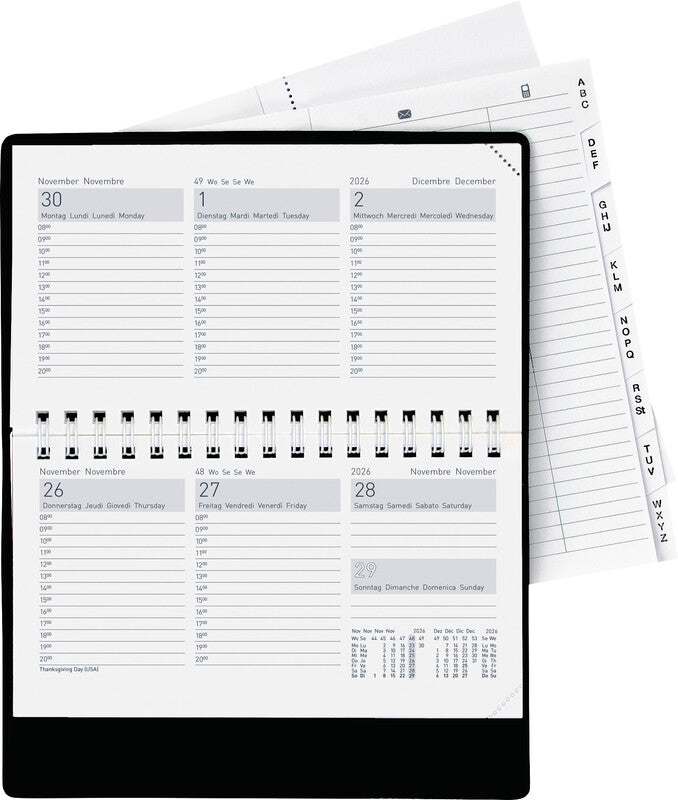 Biella Terminet Agenda – 1 Woche/2 Seiten, Wire-O, 15,3 × 8,5 cm, 2026, mehrsprachig, schwarz, FSC