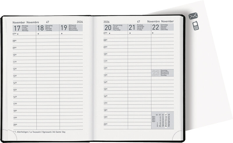 Biella Rex Agenda – 1 Woche/2 Seiten, gebunden, 10,1 × 14,2 cm, 2026, schwarz, FSC