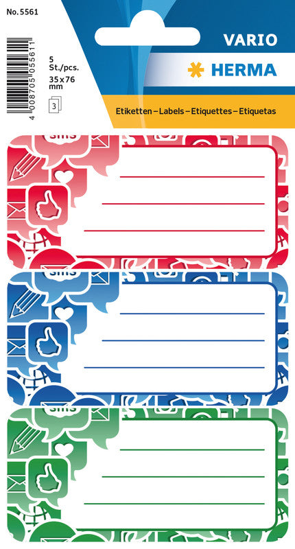HERMA Vario Schuletiketten – Motiv Social Icons – 35 × 76 mm, Abgerundete Ecken, 9 Stück, 3 Bögen, Papier