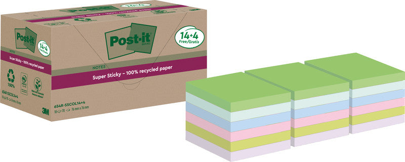 Post-it Haftnotizen Super Sticky – 76×76 mm – sortiert, 18×70 Blatt, PEFC