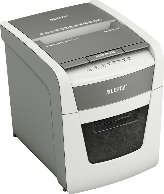 Leitz IQ Autofeed 50 – Aktenvernichter mit Autofeed 50 Blatt, DIN P-4, Partikelschnitt 4 × 28 mm, 6 Blatt, 20