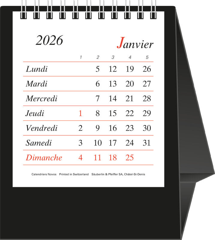 Novos Wochenplaner – 1 Monat pro Seite, Spiralbindung, 12 × 14 cm, Jan–Dez 2026, mit Ständer, Französisch, PEFC