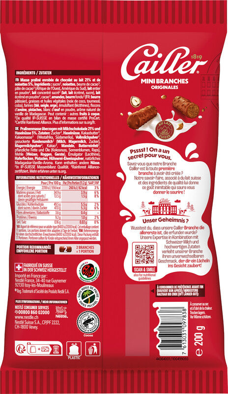 Cailler Schokoladensnack Branches – Haselnuss, Milch, Mini, 200 g