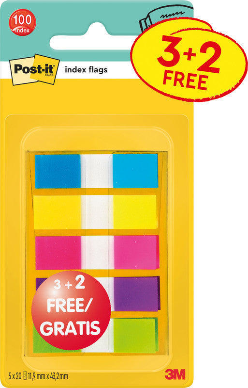 Post-it Indexstreifen Promopack 3+2 schmal – 11,9×43,2 mm – sortiert, 5×20 Stück, mit Dispenser, Kunststoff