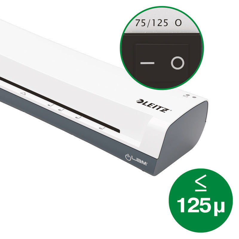 Leitz iLAM Home Laminiergerät A4 – 2-Rollen, 75–125 µm, 3 Min. Aufheizzeit, 300 mm/min, Weiss
