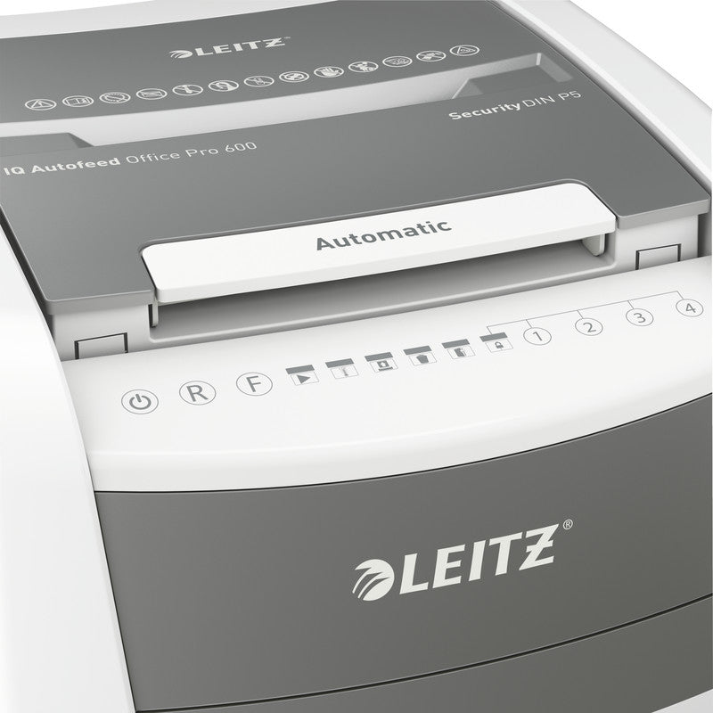 Leitz IQ Autofeed Office Pro – Aktenvernichter mit Autofeed 600 Blatt, DIN P-5, Mikroschnitt 2 × 15 mm, 110 l