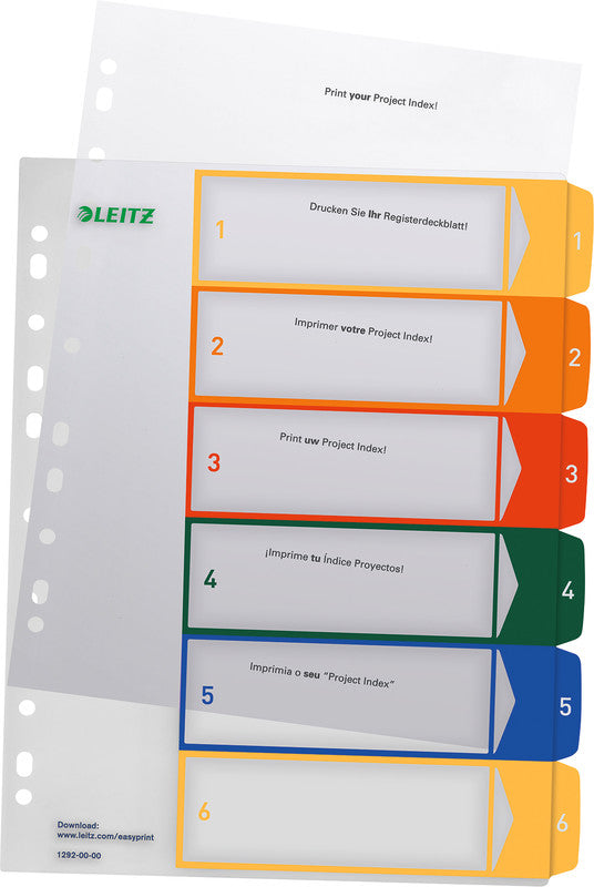 Leitz Register – A4, 6-teilig, PP, farbig, vorgedruckt, 11-fach gelocht, für Zeigebuchtaschen